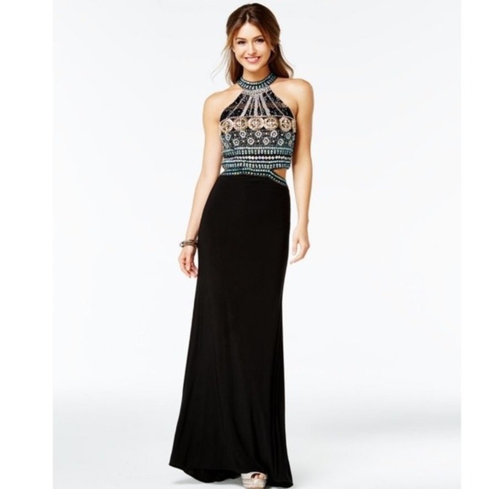 Crystal Doll Black Halter Neck Cutout Beaded Maxi Dress‎ Size 9 Prom Formal